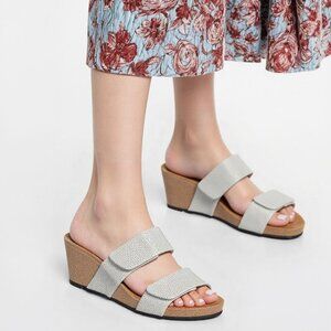 Browns Silver Metallic Leather Wedge Sandals Slide Suede Footbed Cork Spain